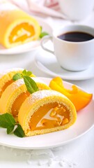 A plate of slices of a golden cake roll filled with a bright orange filling, garnished with mint, served with coffee