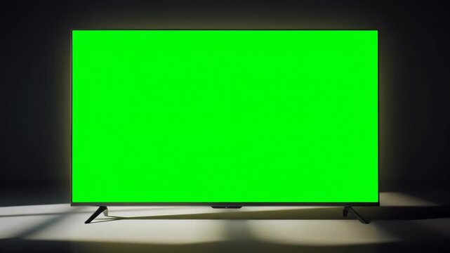A large green television screen on a stand in a dark room with shadows