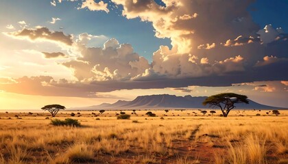 Expansive landscape of a dry savanna under a dramatic sky, with scattered trees and a distant mountain range