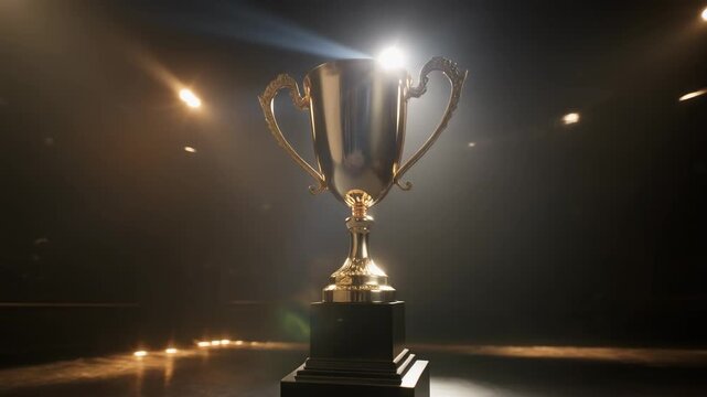 Golden trophy on a dark stage with spotlights shining.