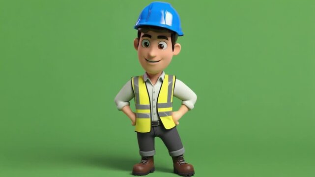 Smiling cartoon construction worker in safety gear standing confidently