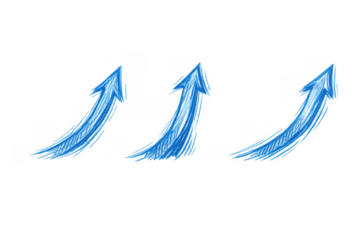 Three blue hand drawn ascending arrows showing concepts of growth, progress, and upward direction on a transparent background