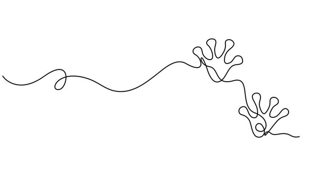 footprints frog animation continuous one line drawing, Frog foot print continuous one line drawing. Single line art, minimalist style frog foot print. Graphic illustration, self drawing animated full.