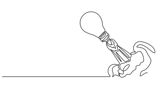 Animated self drawing of continuous line draw smart bright light bulb take off flying to the space logo label, Full length one line animation illustration.  Rocket bulb company icon label concept. pro