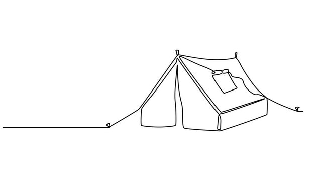 Self drawing line animation tourist tent continuous one single line drawn concept video, Full length animation, World, family adventure camping scene. tent camping in outdoor travel animated self draw