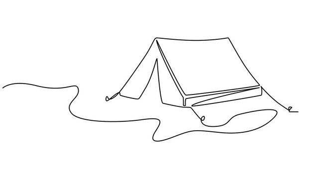 Self drawing line animation tourist tent continuous one single line drawn concept video, Full length animation, World, family adventure camping scene. tent camping in outdoor travel animated self draw