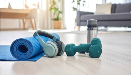 Blue yoga mat, water bottle, and dumbbells on a wood floor, ready for a workout in a bright, airy space