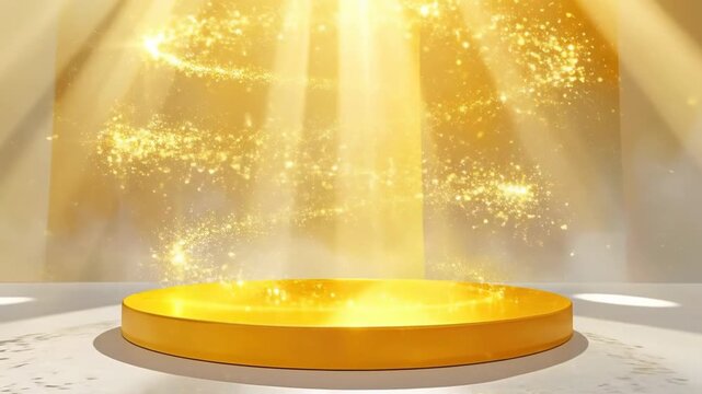 Golden Stage Illuminated by Beams of Light, Perfect for Presentations.