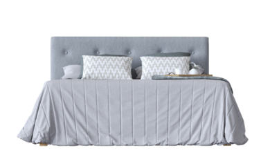 Luxury white pillows and clean linen on a comfortable bed provide a minimalist interior design for a modern hotel bedroom or house decor isolate on white background.