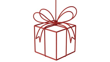 A minimalist vector illustration featuring a hanging red outline gift box with a festive ribbon bow, perfect for holiday greetings and celebration designs
