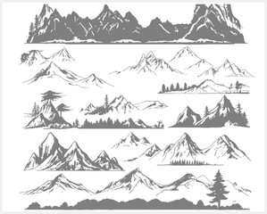 Mountain range landscape illustrations in monochrome