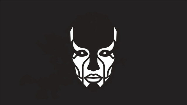 Intriguing minimalist white graphic emblem of a stylized human face featuring sharp lines against a stark solid black background design