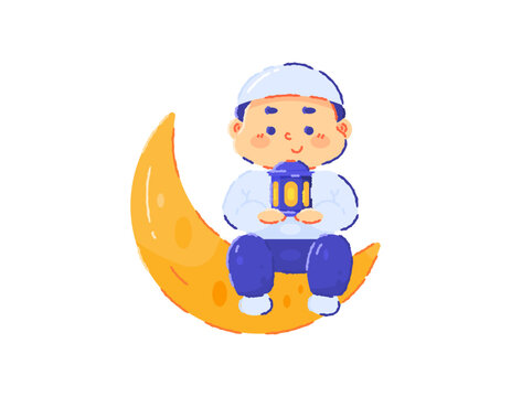 Illustration of a boy holding a lantern and sitting on a crescent moon. Ramadan, Eid al-Fitr, Eid al-Adha celebrations. Wearing a koko shirt and kopia. Muslim character, funny, cute, and adorable
