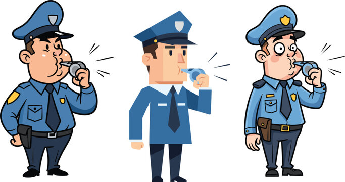 Cartoon police officers blowing whistles in uniform, funny law enforcement characters alerting citizens, security guard illustration vector design scene artCartoon police officers blowing whistles in 