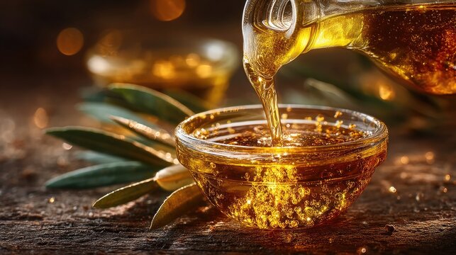 Golden olive oil pouring from a bottle into a small bowl, backlit by sun, liquid gold texture, healthy cooking ingredient, mediterranean diet concept 