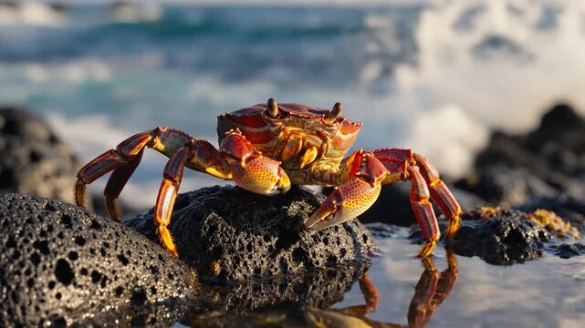 A bright red crab scuttles across dark volcanic rocks on a tropical shoreline with waves crashing in the background