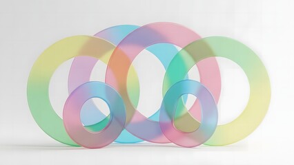 A group of colorful, transparent rings overlapping each other on a white background from a straightforward viewpoint.