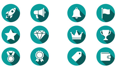 Flat design business and award icons with long shadow in teal circles including rocket, megaphone, bell, flag, star, diamond, crown, trophy, medal, badge, tag and wallet.