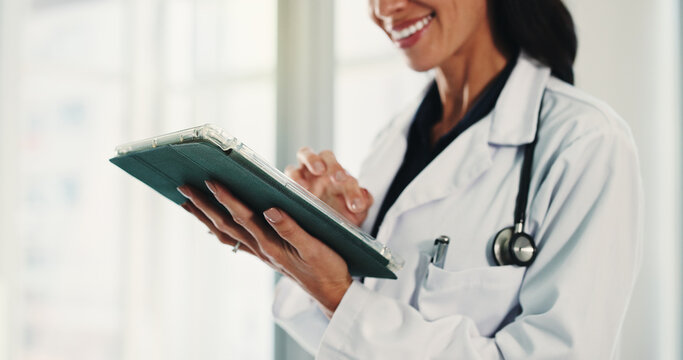 Hands, woman and doctor with tablet in hospital for research, medical report and confirm surgery. Surgeon, space and reading with digital for Telehealth, healthcare results and treatment information