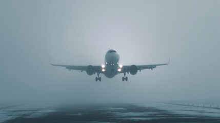 Aircraft landing in dense fog airport runway aviation photo atmospheric conditions front view aviation safety