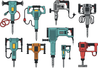 Diverse Jackhammer Tools Collection Construction and Renovation Equipment