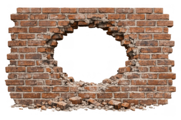 Destroyed red brick wall with circular hole, broken masonry, rubble on ground, transparent background, grunge concept
