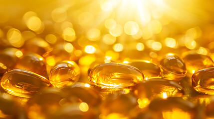 Golden Gel Capsules Reflecting Sunlight In A Macro View  