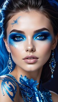 A portrait of a woman with striking blue eyeshadow, dark hair, and matching accessories, conveying an elegant aesthetic