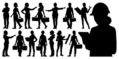 Female Construction Worker and Engineers Silhouettes in Various Professional Poses on Transparent Background