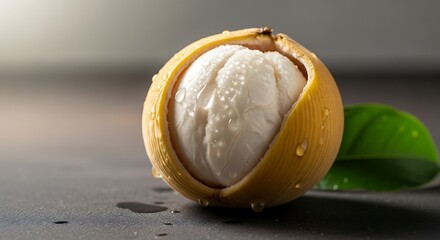 A single ripe yellow tomato on a light gray surface