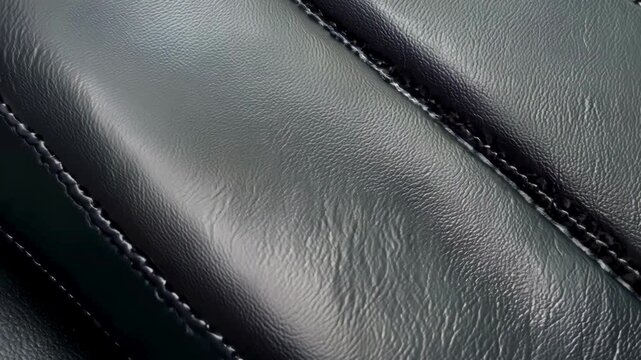 Extreme close-up of premium black leather upholstery with visible white stitching and textured grain.