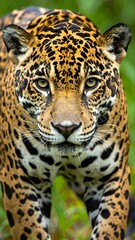 Obraz premium Jaguar strides forward, showcasing its spotted coat, piercing eyes, and jungle backdrop