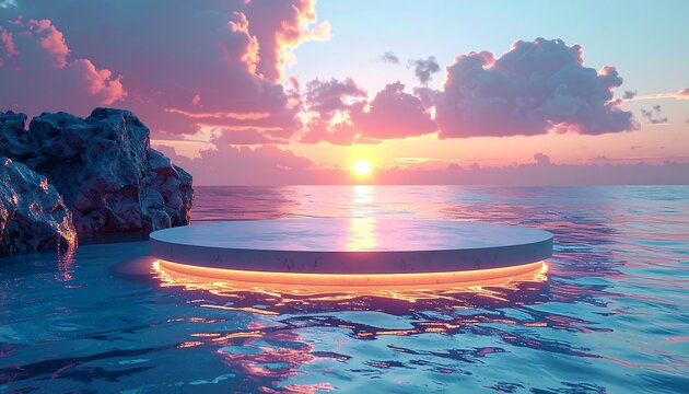 A serene ocean scene at sunset, featuring an illuminated platform