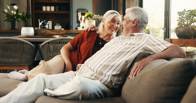 Love, laugh or senior couple in house with hug, romance or bonding together in retirement. Happy, mature man or woman in home with embrace, marriage commitment or humor in romantic relationship.