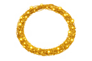 Golden sparkling wreath circle frame with string lights, holiday glow, celebration, luxury border on transparent background