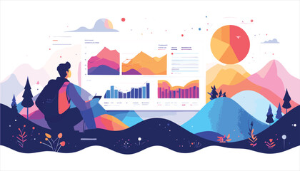 vector Businessman analyzing colorful data charts outdoors
