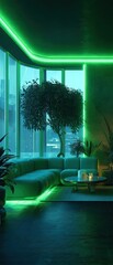 Vibrant Green Neon Lounge with Urban City View