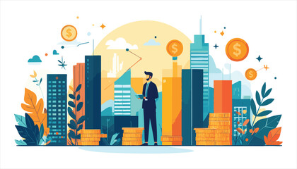 vector Businessman standing near cityscape with coins