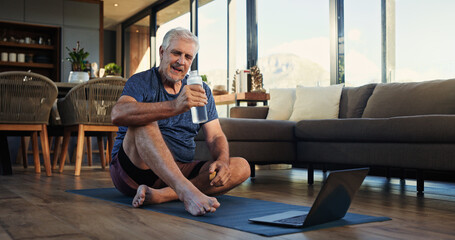 Old man, water and laptop at house for fitness, hydration and exercise break of online lesson....
