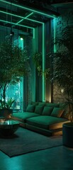 Biophilic Urban Lounge with Neon Green Lights