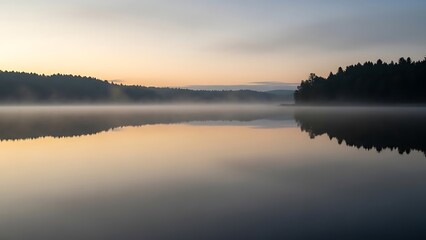 Serene sunrise view across a tranquil lake with low-lying fog and forest reflection