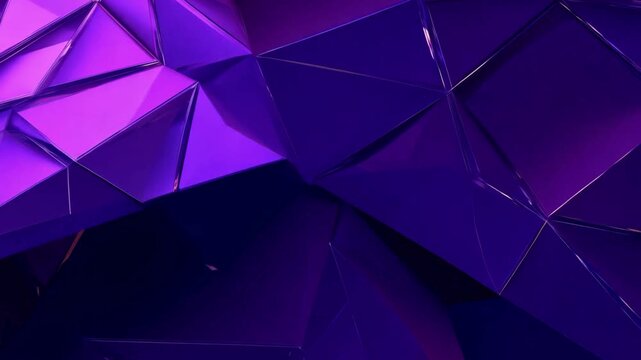 Moving purple 3D geometric shapes with sharp edges and metallic reflections in a low poly style.