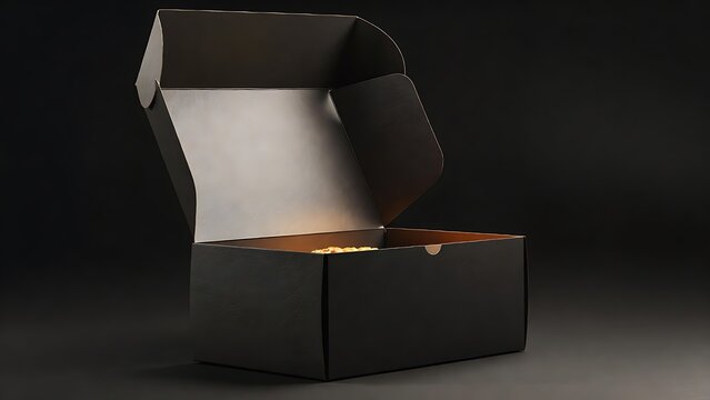 Open black delivery box with golden contents inside on dark background