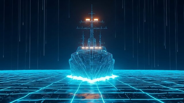 Futuristic digital wireframe warship sailing through a neon grid ocean during a virtual reality storm representing advanced