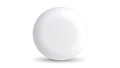 A pristine, spherical white object rests on a white backdrop. Its surface reflects light, creating subtle highlights and shadows. The shape is perfect