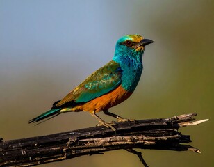 Obraz premium Bird with vivid blue, teal, orange, and yellow plumage sits on a rough, darkened, broken branch