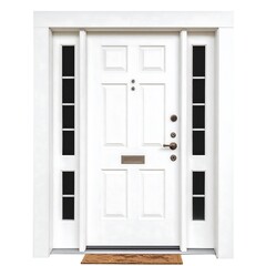 A pristine, symmetrical, white entrance features a paneled door, sidelights, a brass letter slot & door handle, & a welcome mat