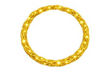Golden rope light frame with sparkling glow and glitter effect, creating a circular border on transparent background