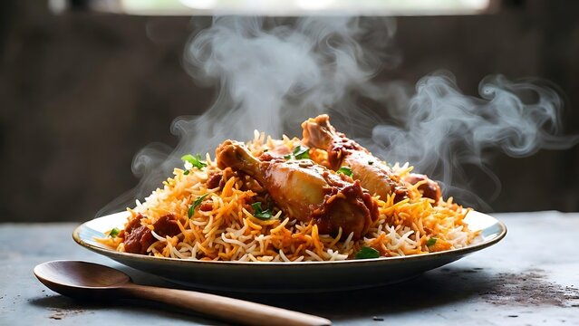 Steaming hot chicken biryani with rice and flavorful drumsticks on a