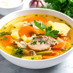 Bowl of light broth soup with carrots, potatoes, and meat pieces, garnished with herbs in a white bowl